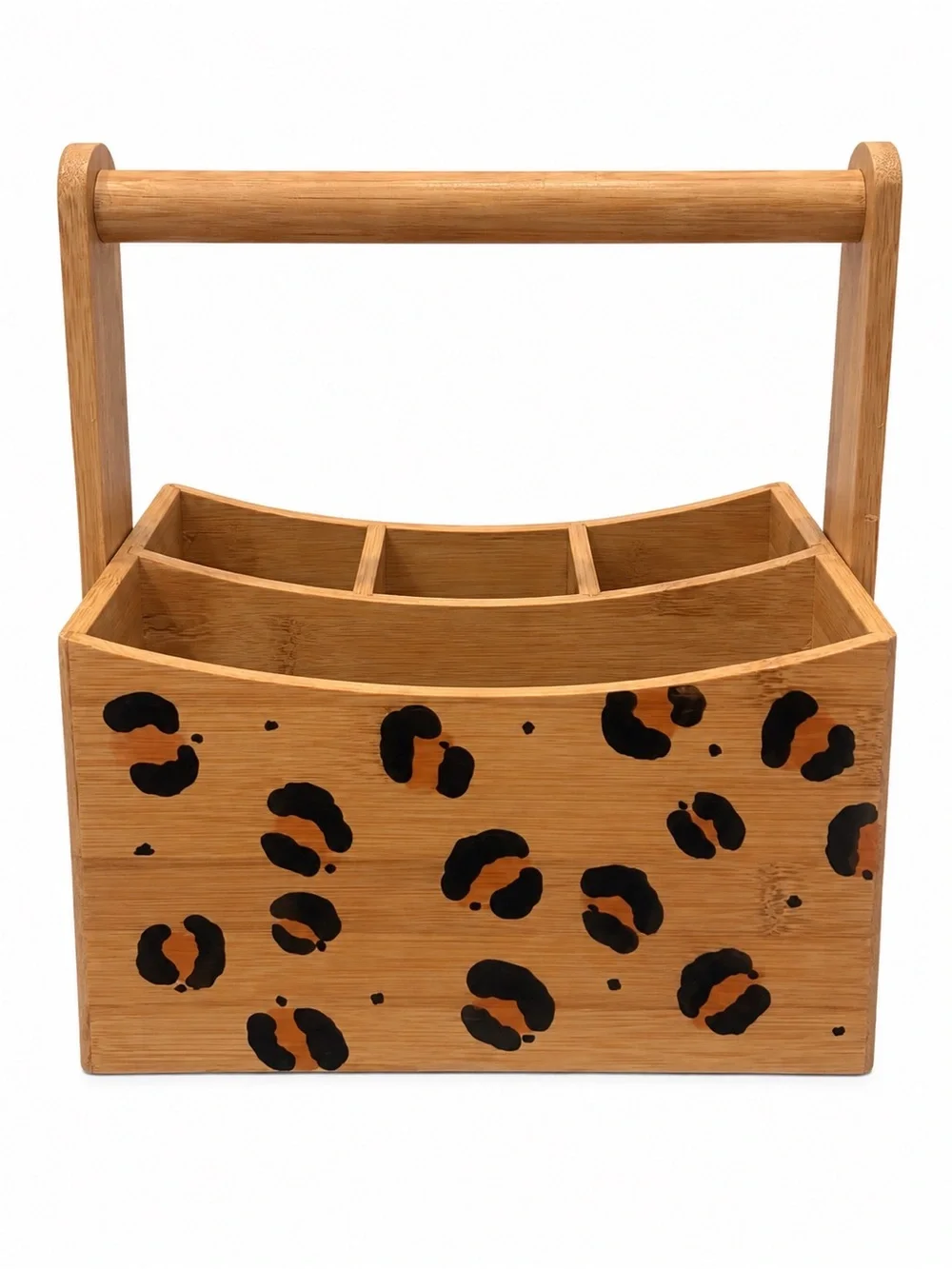 Hand-Painted Bamboo Leopard Print Organizer Caddy